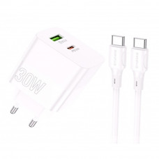 Home Charger EU | 30W | PD | QC3.0 | C to C Cable (1m) — Borofone BA75A — White